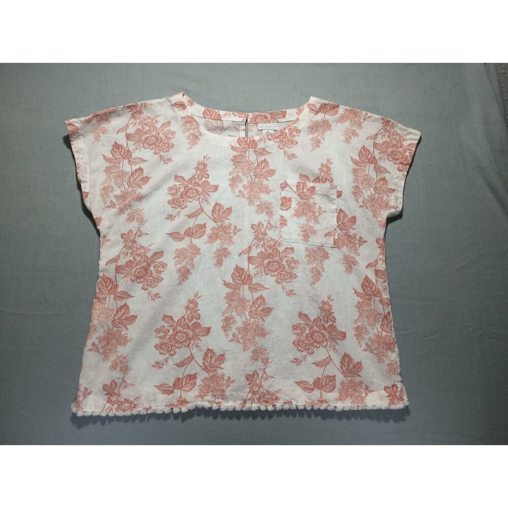 Liz Claiborne Women’s XL Linen Cotton Floral Blouse Coral White Tassel Hem Top